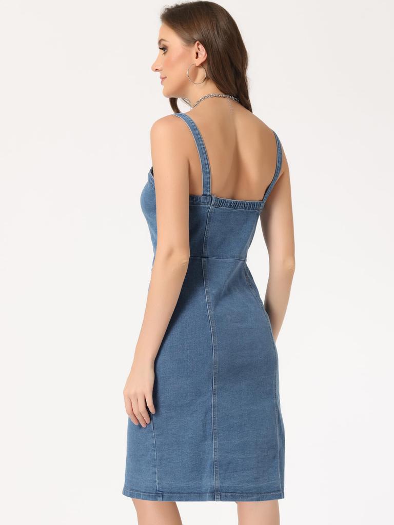 Allegra K Women's Summer Denim Dress, Sleeveless, Sweetheart Neck, Strapless, Knee-Length, Sky Blue, Size XS