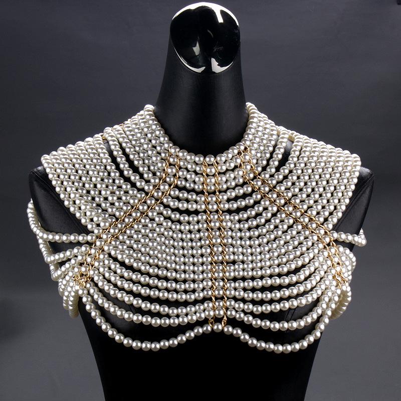 Collana Choker Multi-strato Fatta a Mano con Perle e Catena per Spalle