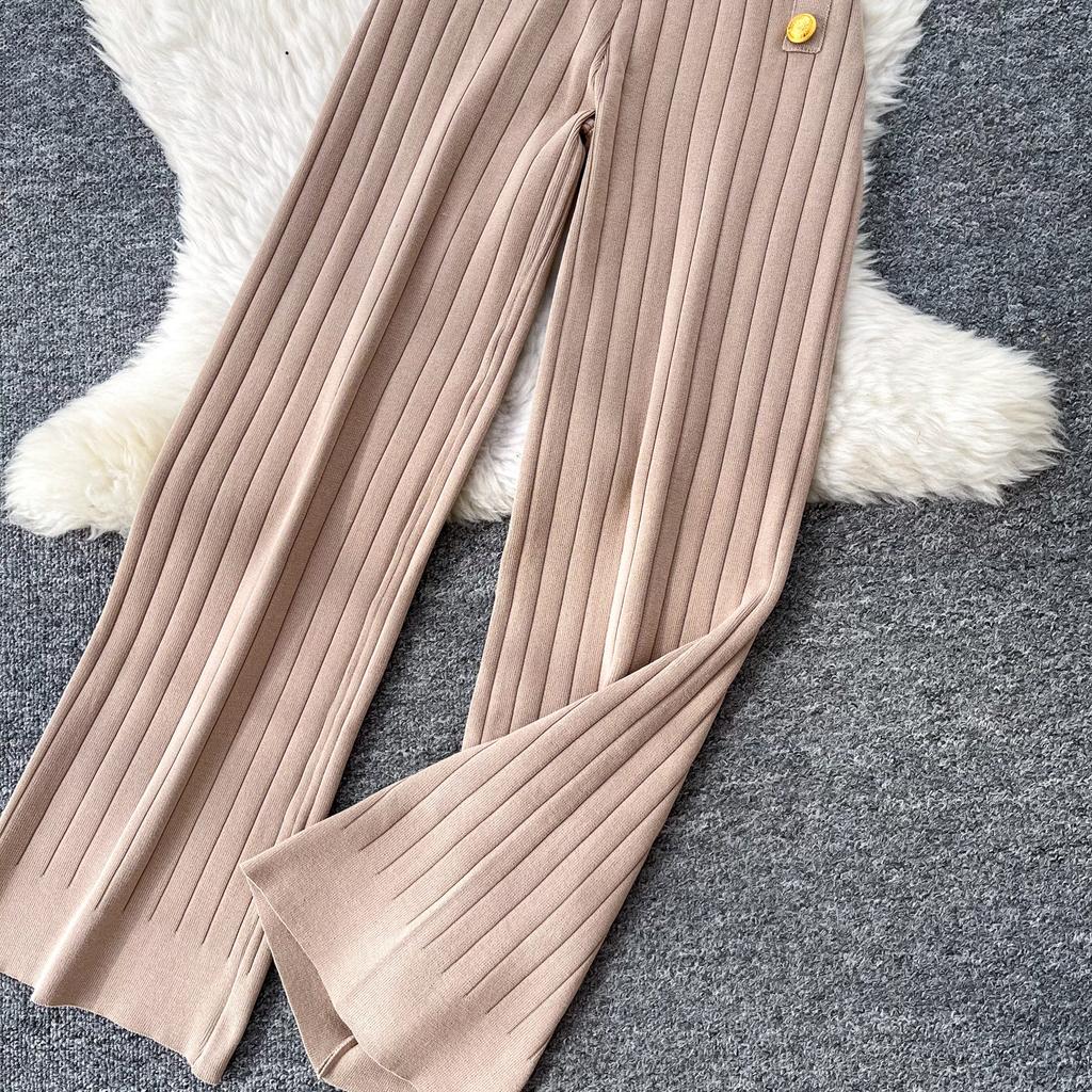Casual Knitted Sweater Two Piece Sets for Women Metal-button V-neck Sleeveless Fitted Versatile Knit Top and Casual Pants Set