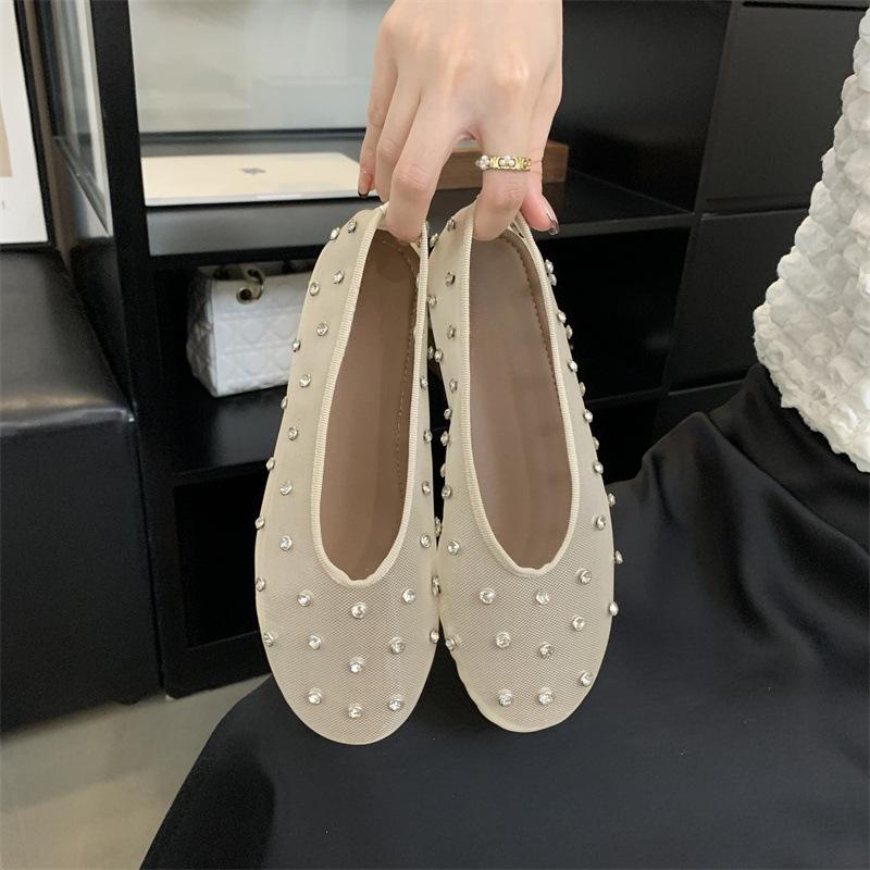 

Haute couture rhinestone mesh single shoes women s spring and summer round head shallow mouth versatile flat shoes soft-soled ballet shoes 40 абрикосовий