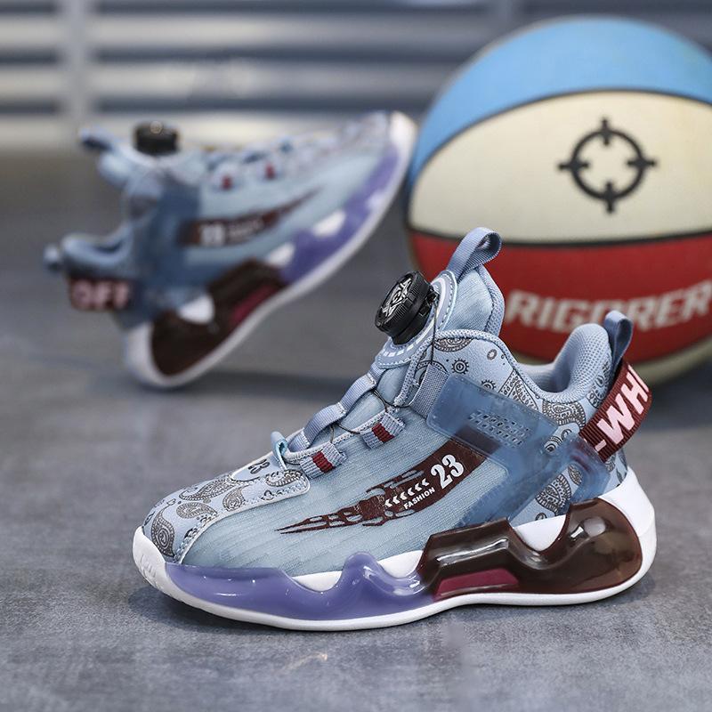 Foreign trade new four-season children's basketball shoes medium and old children's rotating buckle breathable mesh non-slip and wear-resistant act