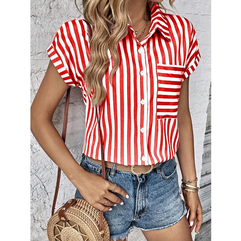 JKASHDK Women's Fashion Casual Summer Spring Stripe Print Short Sleeve POLO Neck Blouses & Shirts