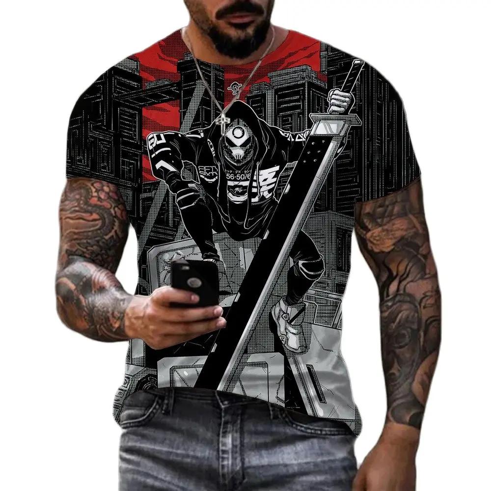Summer Trend Retro Japanese Samurai Pattern T-shirt Personality Men's T-shirt Harajuku Round Neck Short Sleeve Top T-shirt