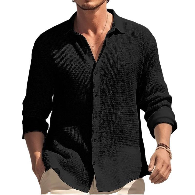 Men's Waffle Long Sleeve Button Shirt Textured Casual Relaxed Streetwear Overshirt