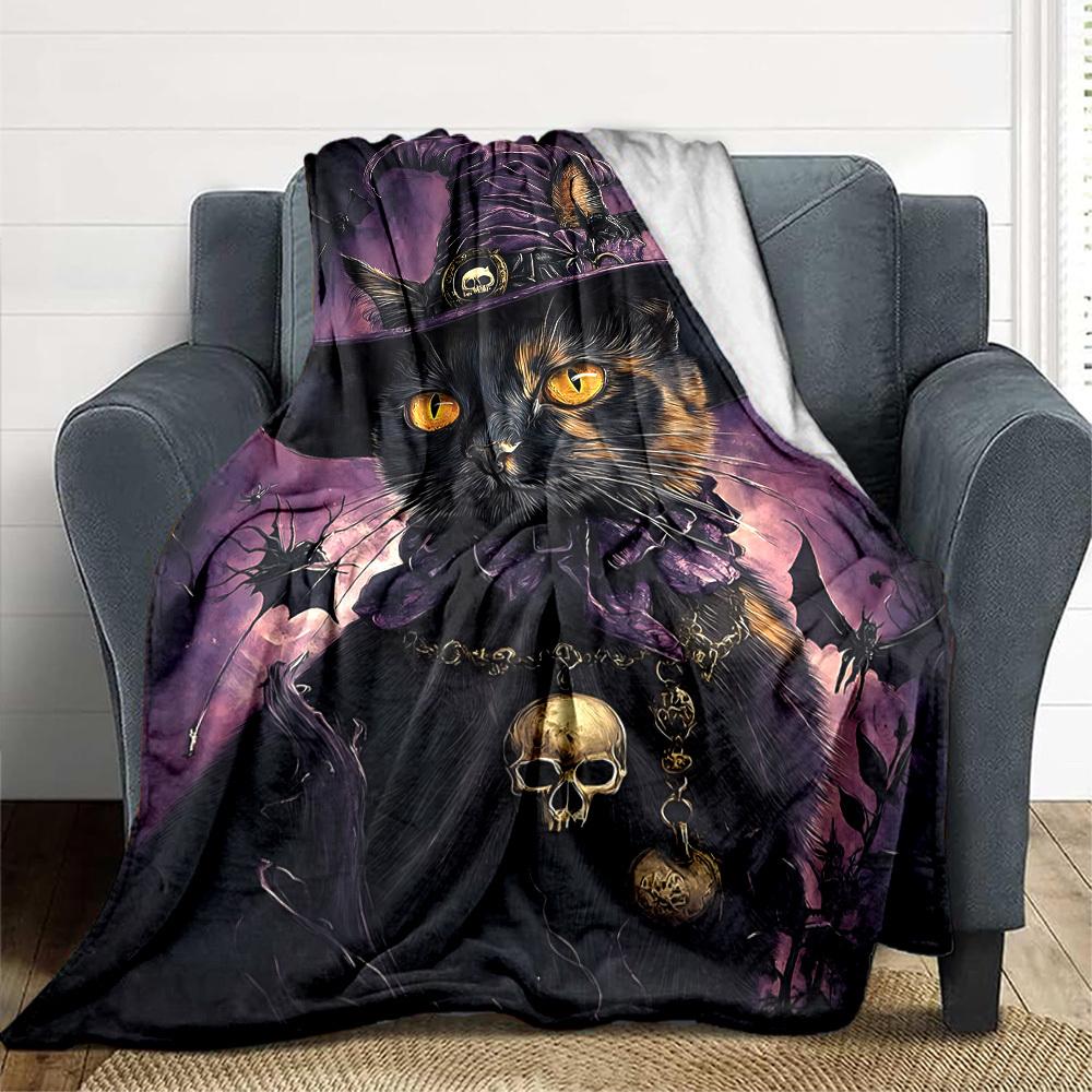 1pc Witchcraft Halloween Cat Blanket, Lightweight Flannel Throw Blanket for Sofa, Bed, Travel, Camping, Living Room, Office, Couch, Chair, and Bed