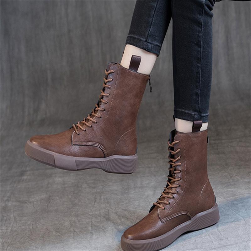 Large Women's British Style 2024 Autumn and Winter New Flat Bottom Retro Medium Sleeve Women's Single Boot Lace Up Back Zipper