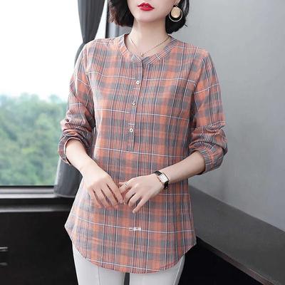 Women's Spring Autumn Style Cotton Blouses Shirt Women's O-Neck Long Sleeve Button Plaid Korean Elegant Tops DD9114