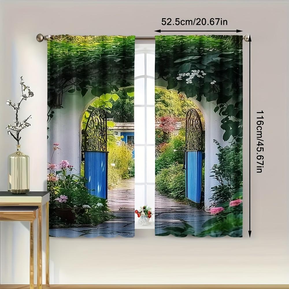 2pcs Retro Garden Curtains - Ivy and Flower Landscape Design, 100% Polyester, Semi-Transparent, Machine Washable, for Patio, Gaz