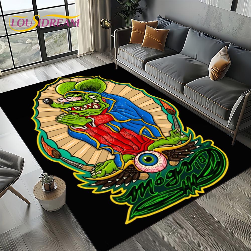RF Funny Rat Fink Cartoon Motorcycle Sign Carpet Rug for Living Room Bedroom Home Sofa Decoration,Area Rug Non-slip Floor Mat