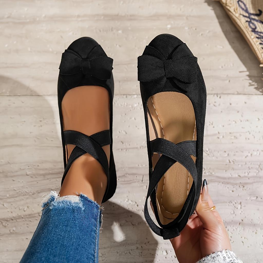 Bow-Crossed Elastic Strap Vintage Fashion Flats 2025 New Pointed-Toe Low-Cut Solid-Color Mary Janes