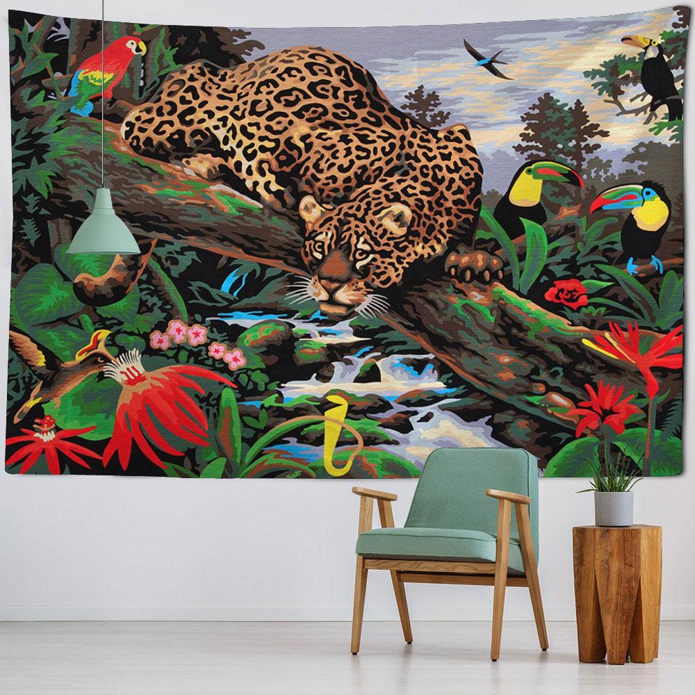 Tropical plant and animal tapestry, leopard wall hanging, Bohemian hippie Tapiz, bedroom, living room, home decoration