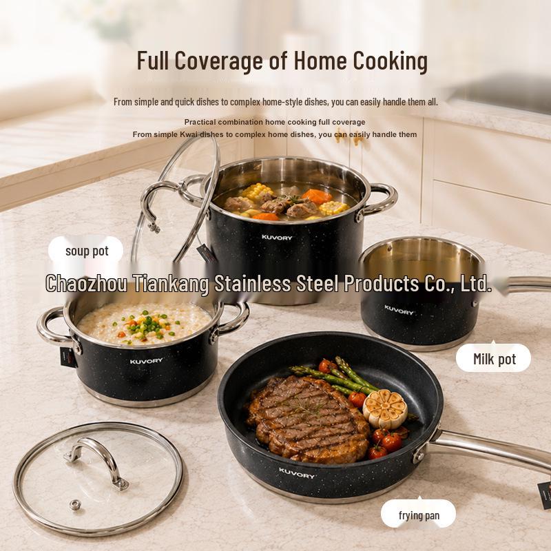 5-Piece Stainless Steel Cookware Set: Non-Stick Soup Pot, Frying Pan, and Milk Pot