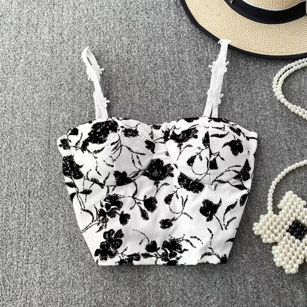 Padded Bra Elastic Camis Underwear Floral Print Corset Vest Women Tank Tops Sleeveless Blouse