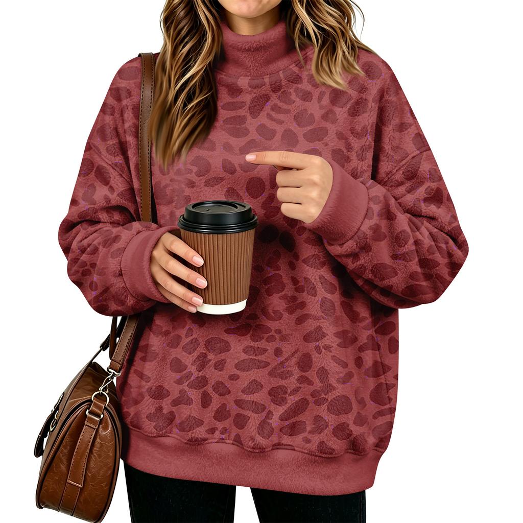 Women's Casual Long Sleeve High Neck Flannel Leopard Print Sweatshirt