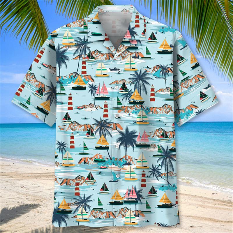 Pánská letní košile s 3D potiskem plachetnice, ležérní vintage streetwear top s krátkým rukávem