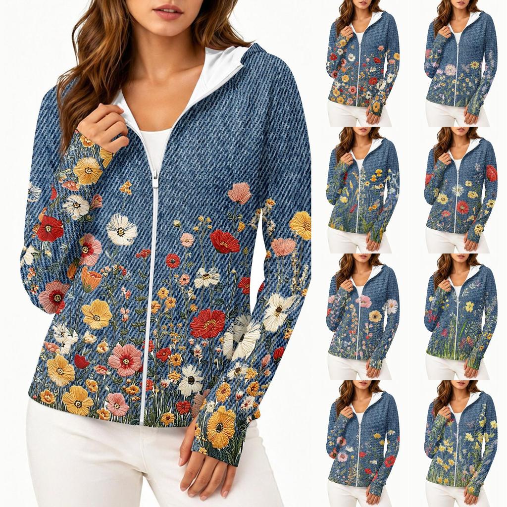 Damen Kapuzenjacke mit Reißverschluss, langen Ärmeln und Taschen, mit Blumenmuster, leichte SonnenSchutz-Außenjacke für Outdoor-Aktivitäten
