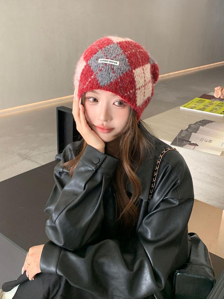 Japan and South Korea Classic Retro Rhombus Grid Color Matching Knitted Hat Japan and South Korea New Wool Hat Women's Versatile Fashion Casual Hat