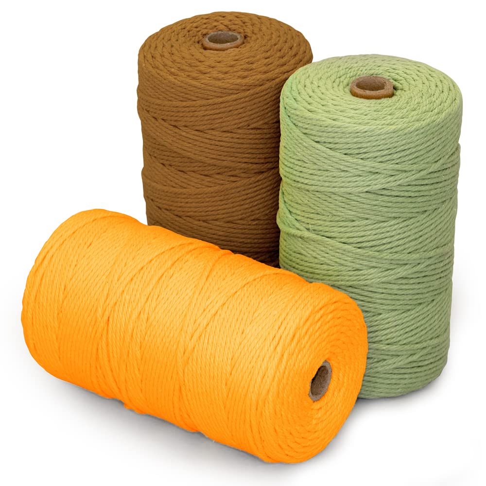 Craft Life Macrame Rope String, 200m Roll, Set of 3, Approx. 3mm Diameter (Bright Yellow, Camel, Lettuce Green)
