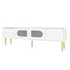 Elegant 170*35*50cm TV Cabinet – White Body with Golden Legs and Handles, 2 Doors with Vertical Grooves, 2 Doors with Arched Glass, 35KG Load Capacity