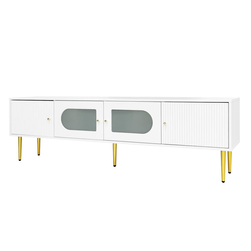 Elegant 170*35*50cm TV Cabinet – White Body with Golden Legs and Handles, 2 Doors with Vertical Grooves, 2 Doors with Arched Glass, 35KG Load Capacity