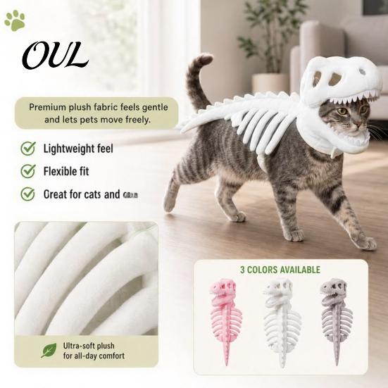 Halloween Party Haustier Zubehör Dinosaurier Skelett Kostüm, Weiches Plüsch T-Rex Trick or Treat Outfit, Lustige Cosplay Kleidung für Katzen Klein