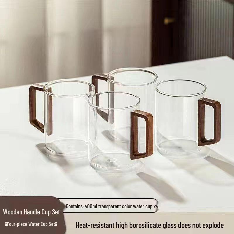High-End Green Tea Glass Cup Set with Wooden Handle - Large Capacity, Thickened, High Temperature Resistant