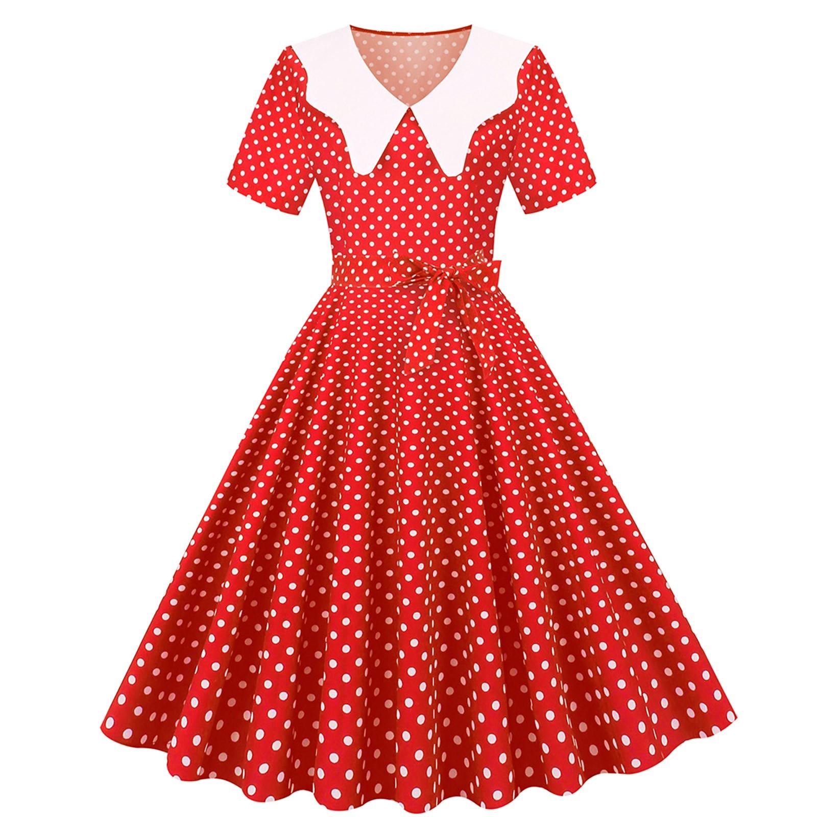 Women s Vintage Long Sleeve Polka Dots 1950s Housewife Party Ball Dress XL красный