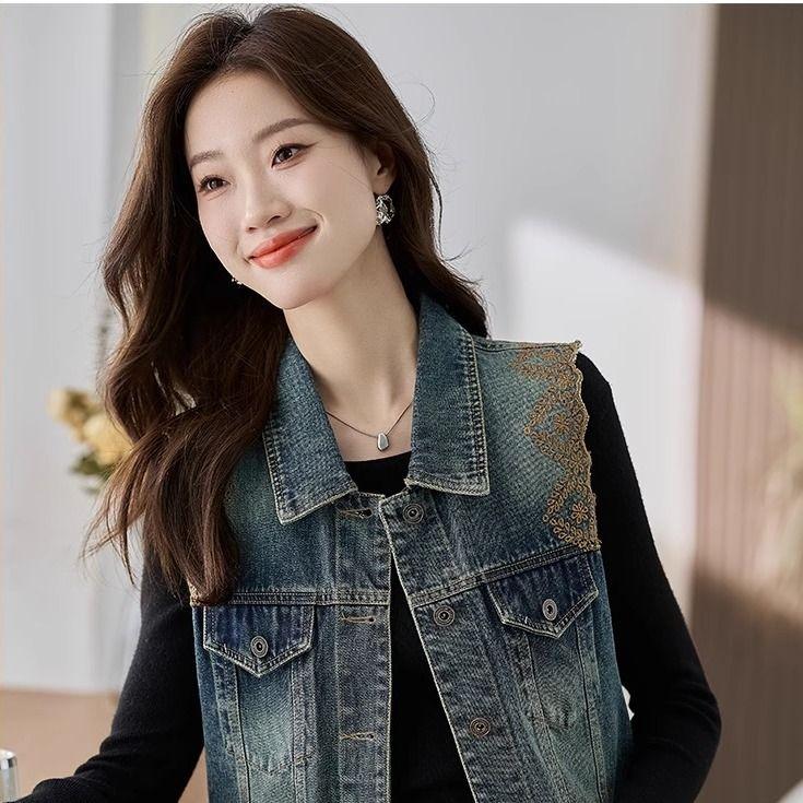 Embroidered Denim Vest Jacket for Women Spring Autumn Sleeveless Chic Short Top