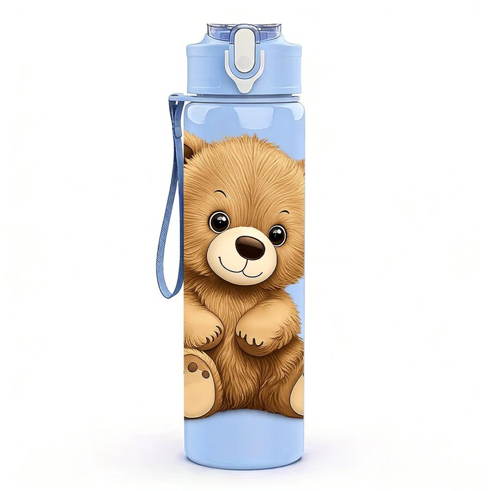 1PC Classic Brown Teddy Bear Print 750ml Color Plastic Sports Water Bottle Leakproof Flip Straw Lid Suitable for Sports Office Home Use