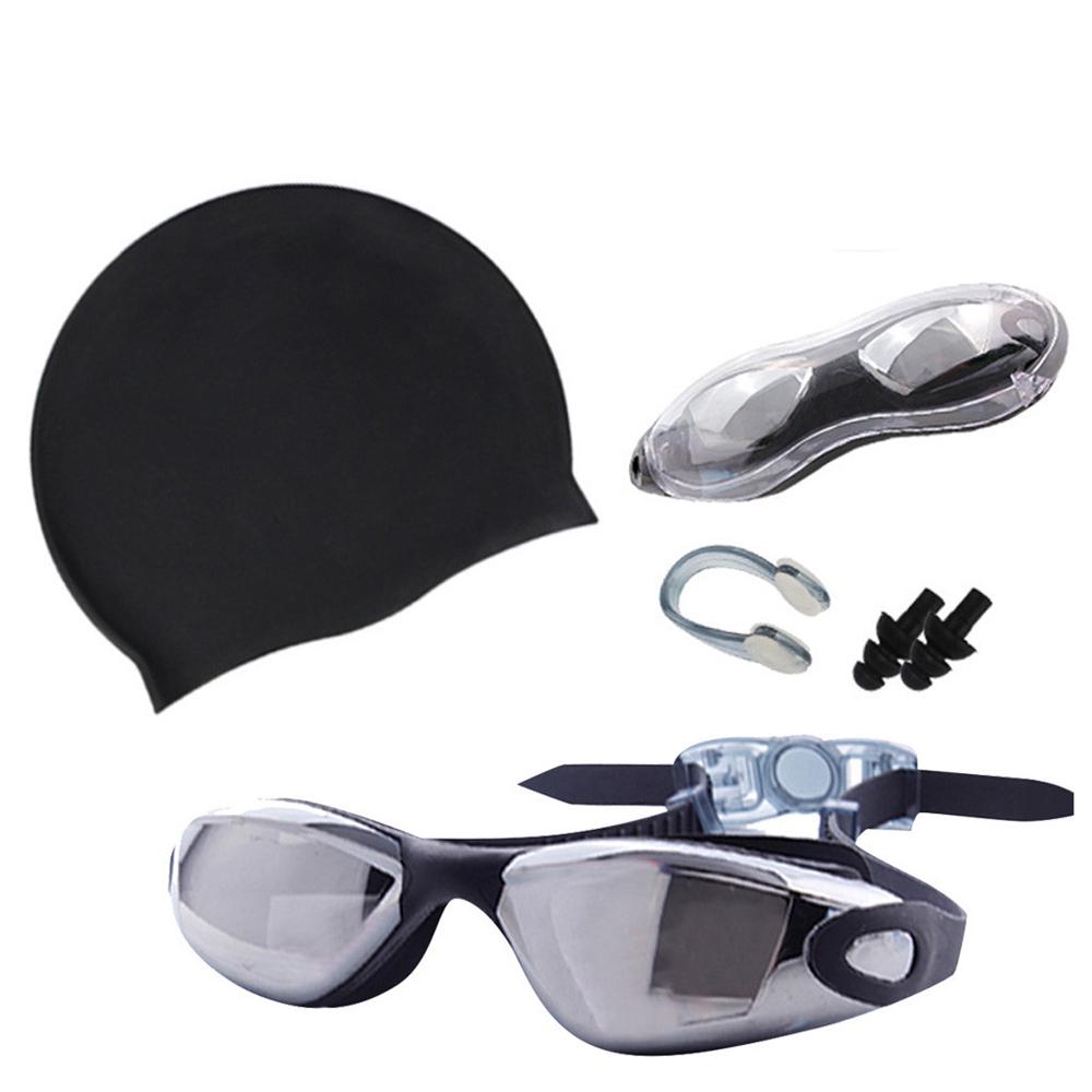 1 Set UV Anti-Fog Swimming Goggles Swim Cap Ear Plug Nose Clip Adult Men Women