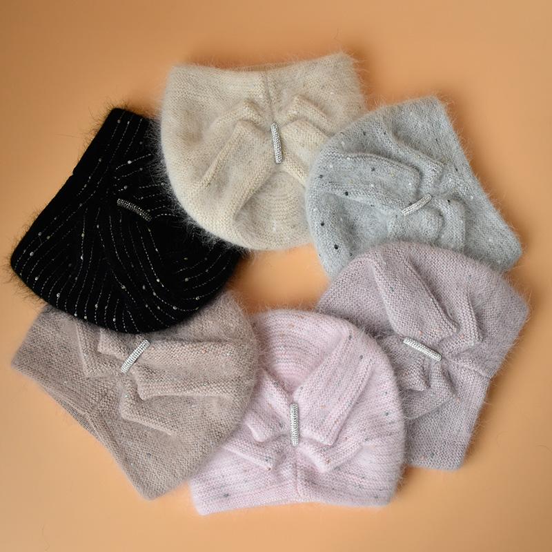 RTS Stock Winter Womens Knit Hats Angola Wool Warm Knitted Beanie Custom Colored Thread Ski Hat Fluffy Skull Hat