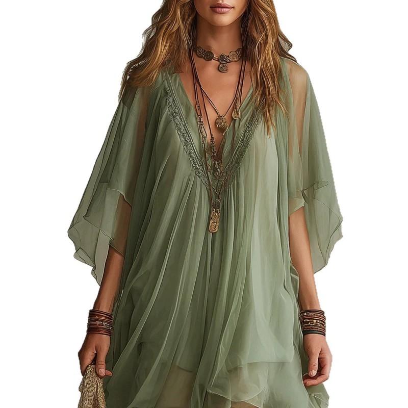 2026 Womens V-Neck Chiffon 2-Piece Set Loose Beach Cover-Up Dress With Flared Skirt