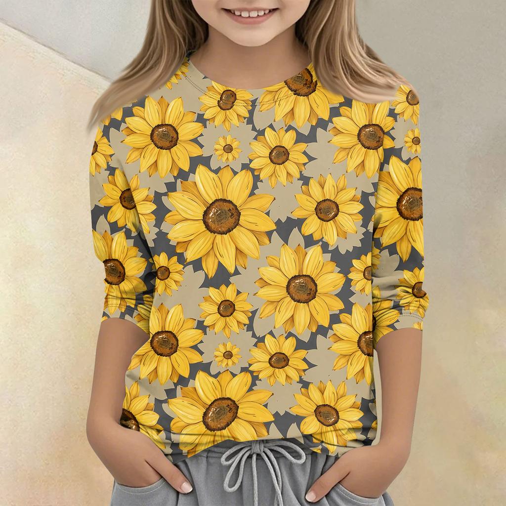 Children's Printed Round Neck Seven Quarter Sleeve Casual T-shirt