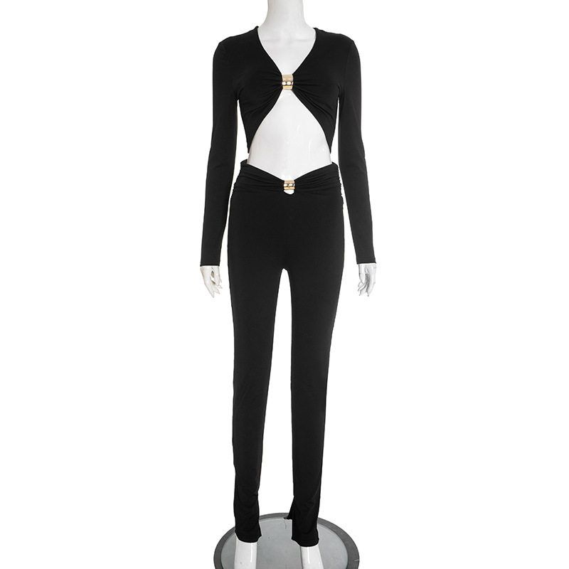 

J25St342 European and American Export Women s New Fashion Sexy Metal-Decorated Long-Sleeve Top and High-Waisted Tight-Fitting Pants Set Black S