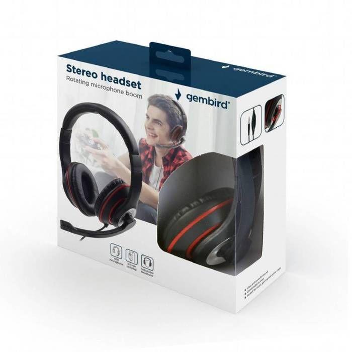 Gembird Micro-casque supra-auriculaire filaire noir, rouge volume réglable, micro-casque