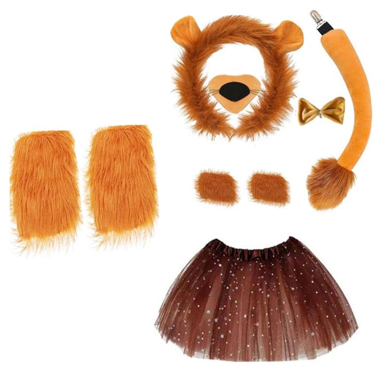 Animal Cosplay Costume for Kid Birthday Cosplay Party, Halloween Lion Dress up Costume, Lion Hairband, Tail, Bowtie