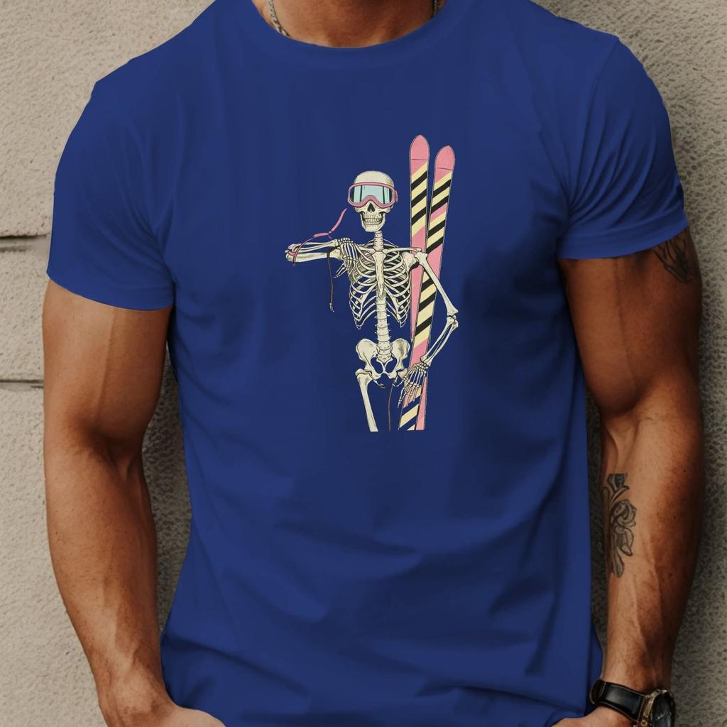 Retro Skeleton Skier Graphic Tee Mens Breathable Cotton Casual TShirt