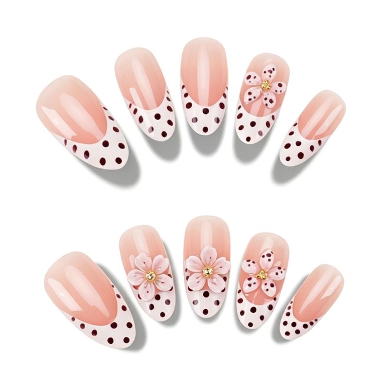 Pink French Edge Press On Nail with Colored Dot Accents, Long Pointed 30 Piece Styling Set, Adhesive Tabs and Storage Box Included