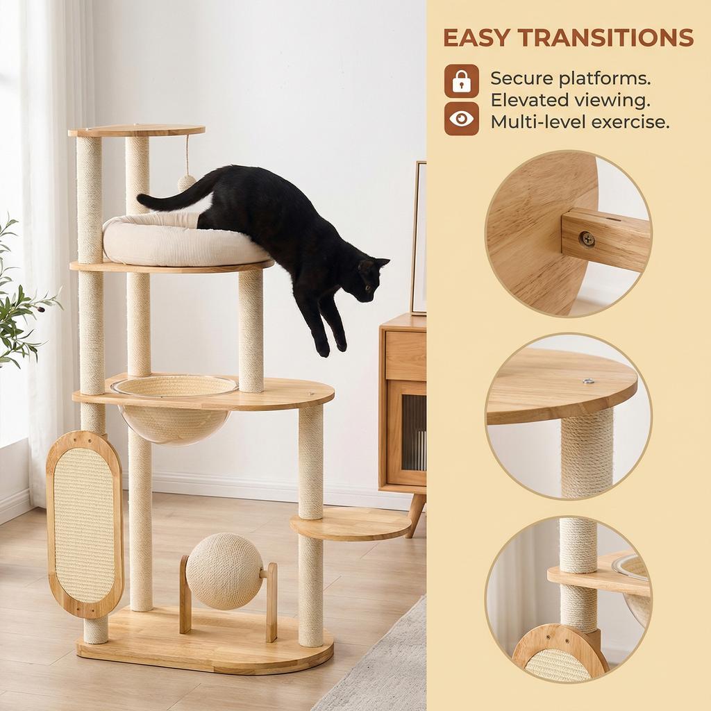 Solid Rubber Wood Cat Jumping Platform with Scratching Posts Cat Scratching Ball and Board Washable for Large & Multi-Cat Homes