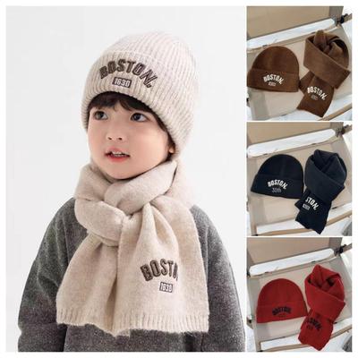 Children’s Korean-Style Knit Hat & Scarf Set with Warm Embroidery
