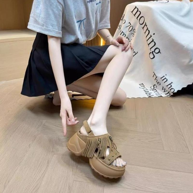 

Fashion Metal Rivet Decoration Fringe Suede Sandals Women 2025 Summer Chunky Platform Wedge Sandals Casual Back Strap Shoes Sandalias 35 коричневый