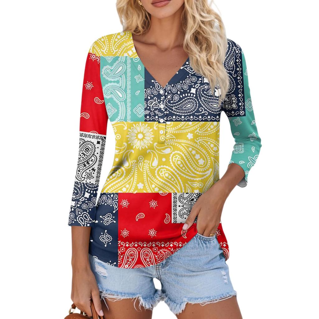 Women's Casual Fashion Sexy Comfortable V-Neck Button Floral Three-quarter Sleeve Top