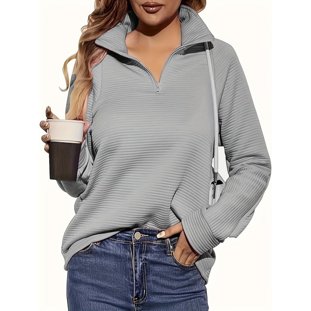 Women's Casual Knitted Zipper Sweater, Long-sleeved V-neck Loose Pullover, Pure Color, Suitable for Wearing In Spring and Autumn, Regular Hem