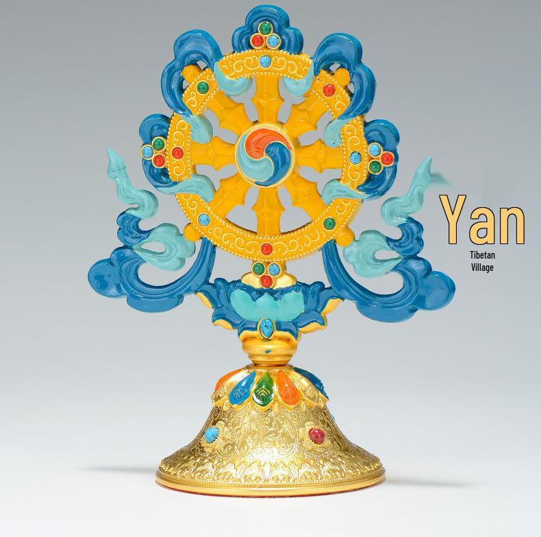 Tibetan Auspicious Symbols: Eight Treasures Golden Wheel Ornament for Home Altar Decoration
