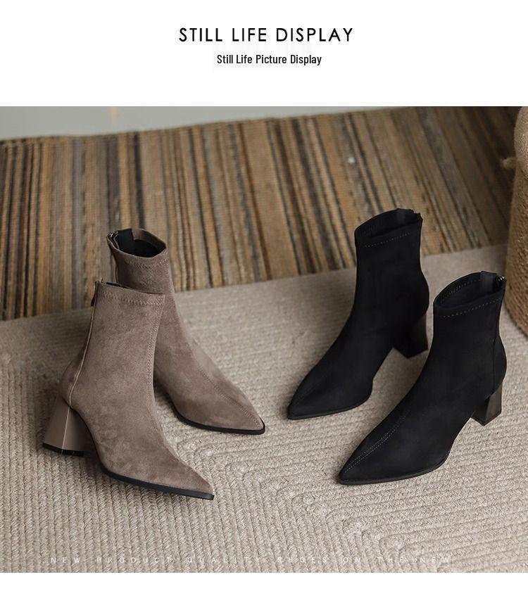 Women's Genuine Leather Suede Chunky Heel Ankle Boots - Pointed Toe, Slimming Design, 2025 Autumn/Winter Collection
