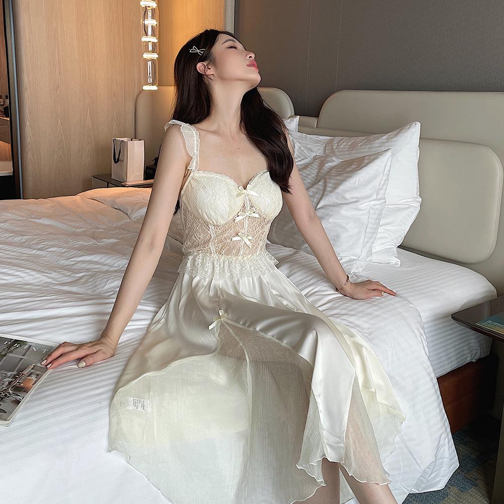 

«Женская кружевная ночная рубашка из ледяного шелка с подкладкой на груди — сексуальная, тонкая и длинная для весны и осени» Large жёлтый