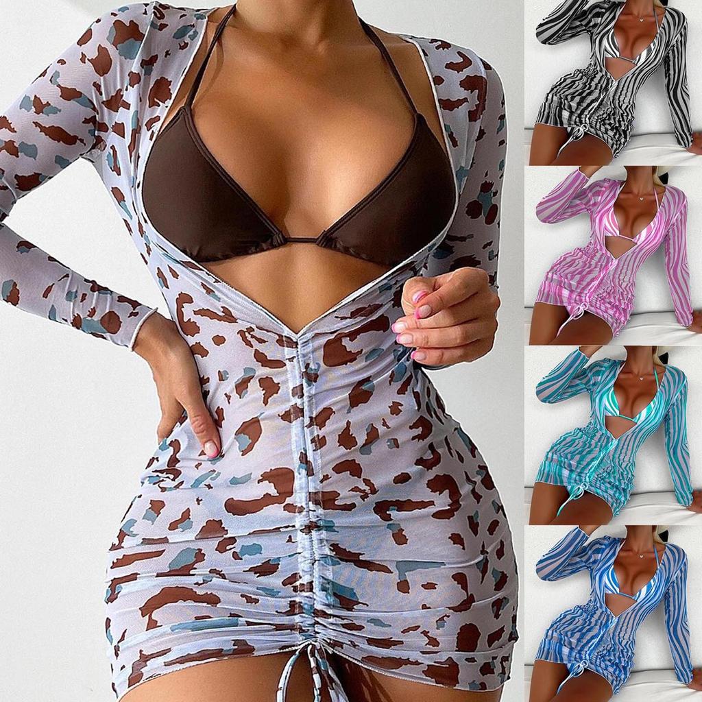 Women's Sexy Hanging Neck Ties Three Sets Of Pleated Cover-Up Long-Sleeved Swimsuit
