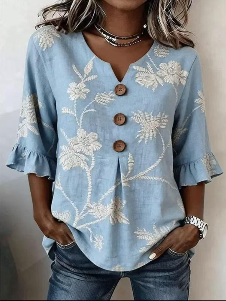 2026 Summer European & American Women's V-neck Cotton Linen Fashion Shirt