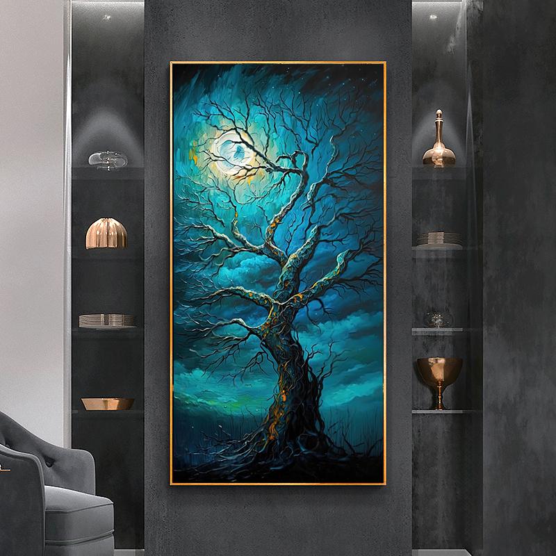 Mørk Skog Livets Tre Lerret Maleri Veggkunst Magisk Skog Landskap Plakater og Trykk for Veranda Stue Dekor Cuadros