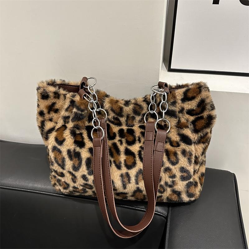 Sac Simple pour Femme, Sac Cabas Pelucheux Tendance Imprimé Léopard, Sac à Main Sac Bandoulière Chaud Doux Convient pour les Courses Quotidiennes le Travail